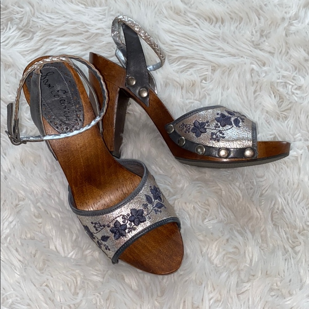 Sam Edelman boho silver blue floral wood heel sandals 6.5